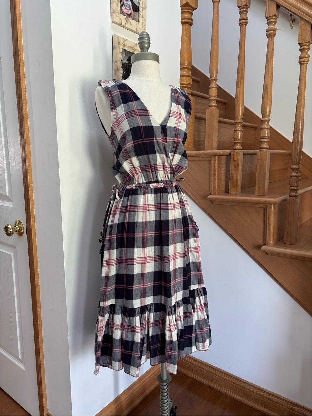 Anthropologie Isabella Sinclair Navy Plaid A-Line Dress with Cinched Tie Waist